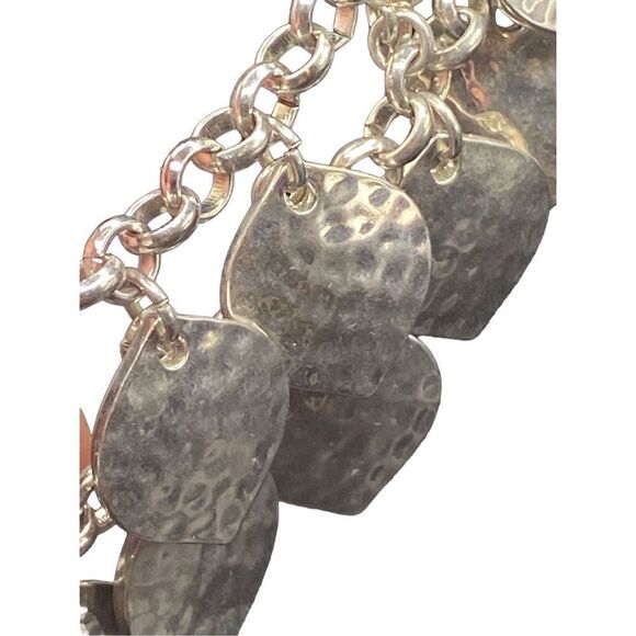 Silver tone double row hammered leaves on silver tone chain bib necklace - Picture 5 of 7